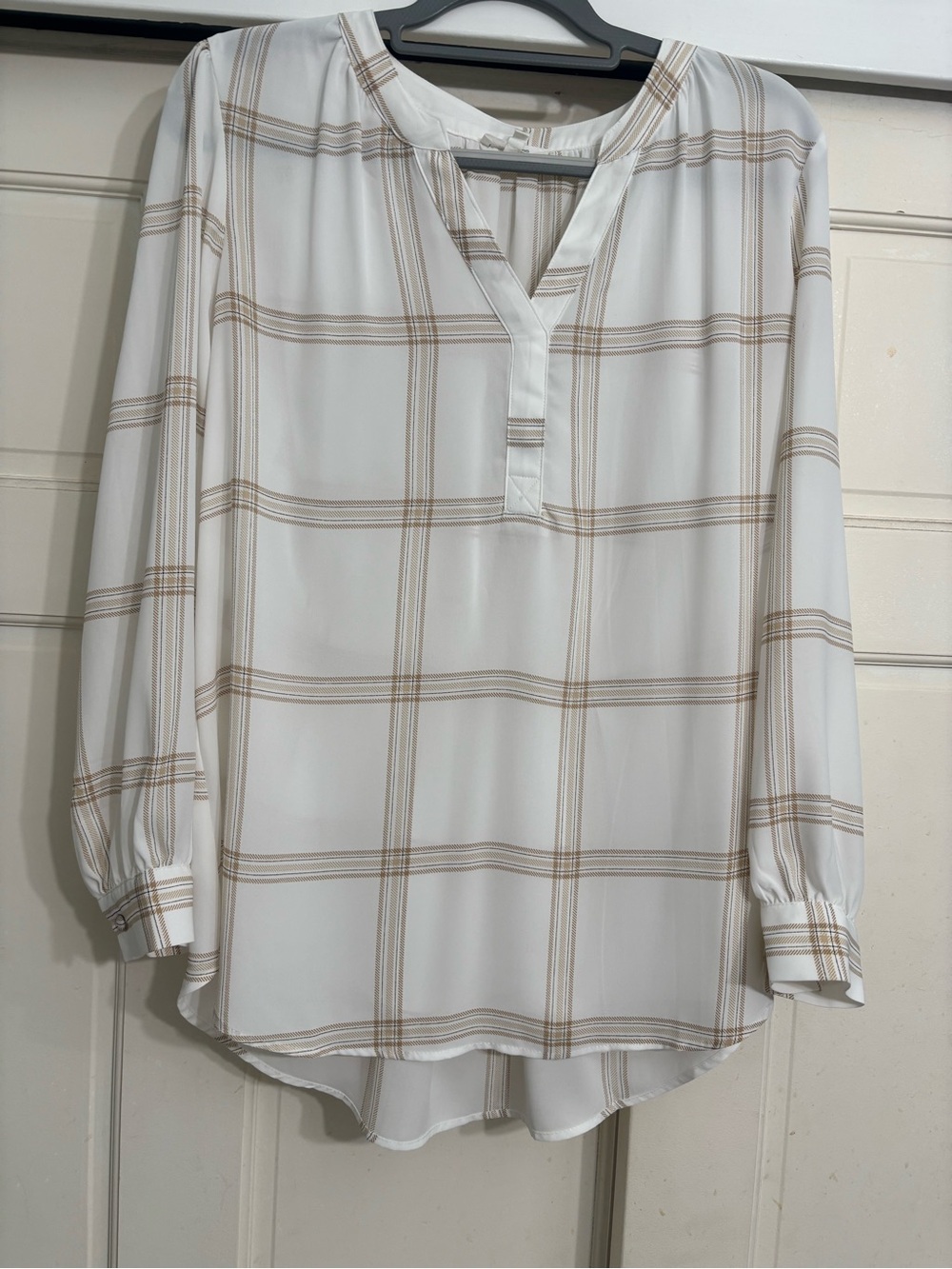 Maurices White Blouse with Tan Windowpane Plaid